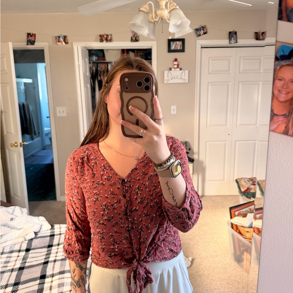 Maurices Rust Floral Tie-Front Blouse